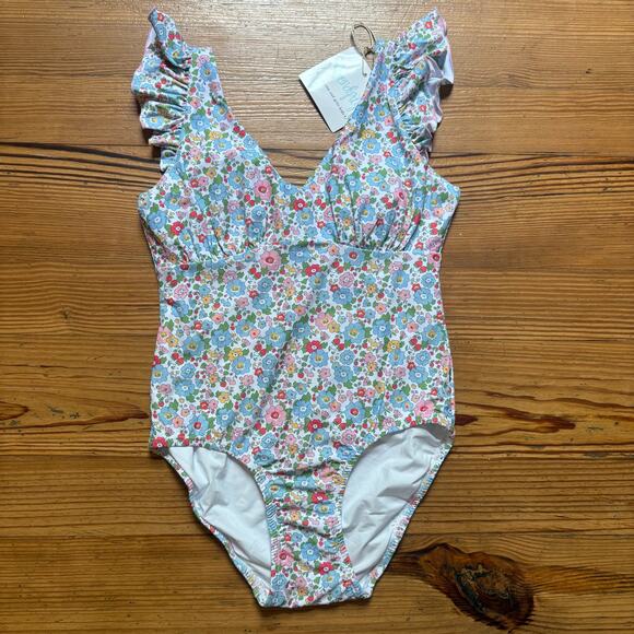 NWT Serendipity white floral ruffle cap sleeve cheeky one piece swimsuit SIZE S - Picture 1 of 5